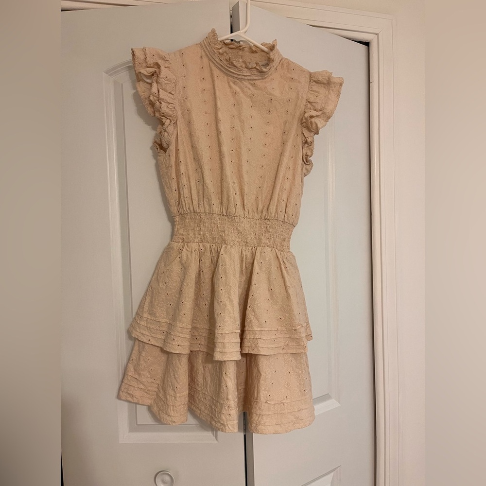 Cleobella Beige Embroidered Dress with Ruffle Collar and Sleeve. Size Small.